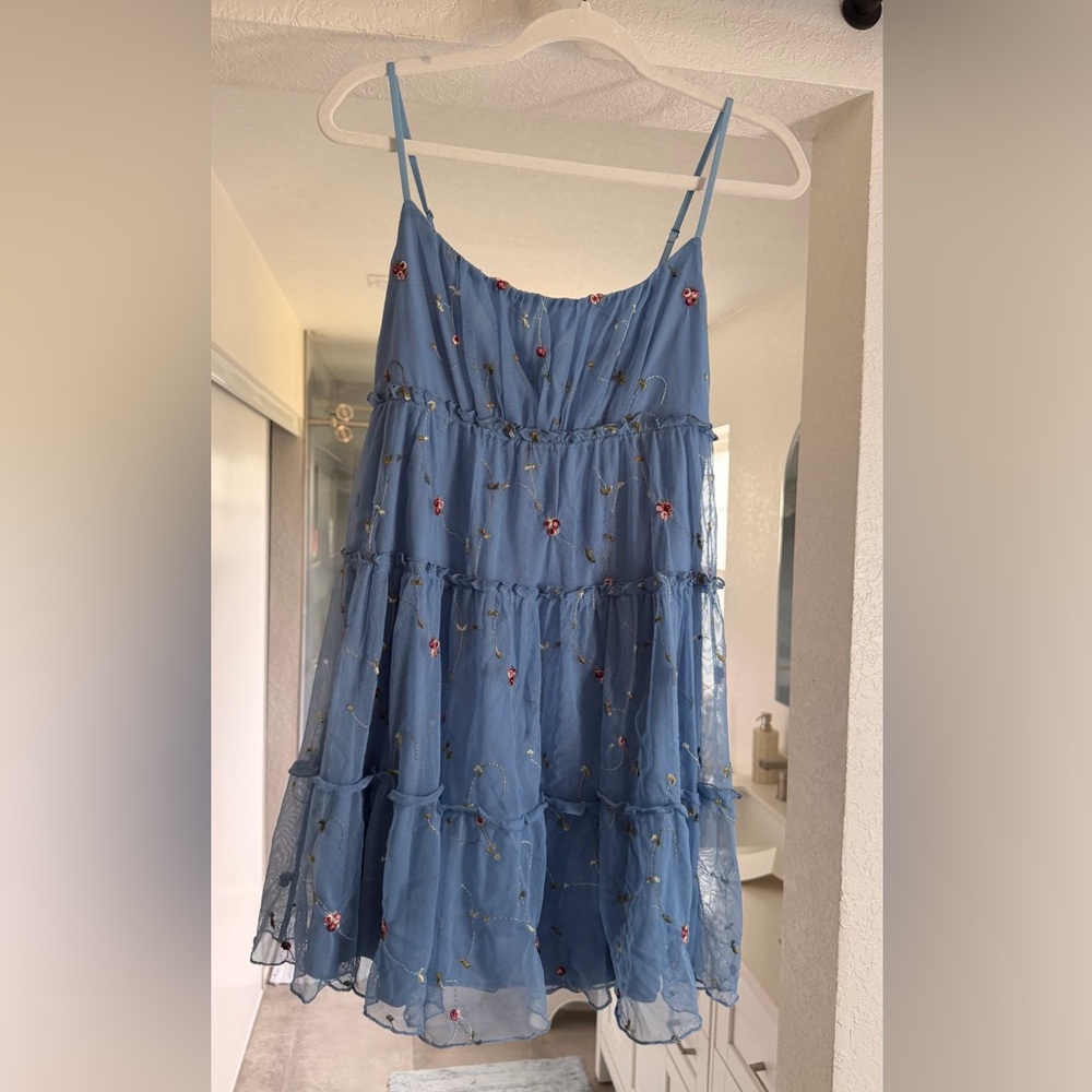 Trixxi Blue Floral Embroidered Mini Dress